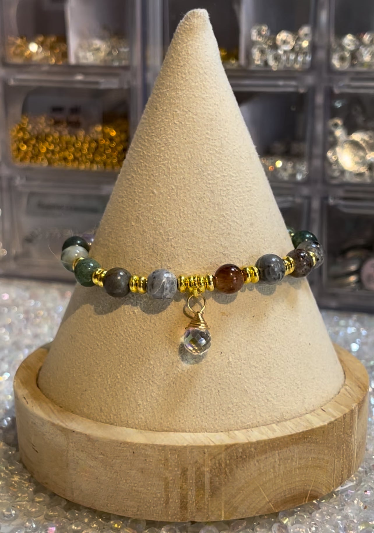 Indian Agate Bracelet with gold spacers & charm